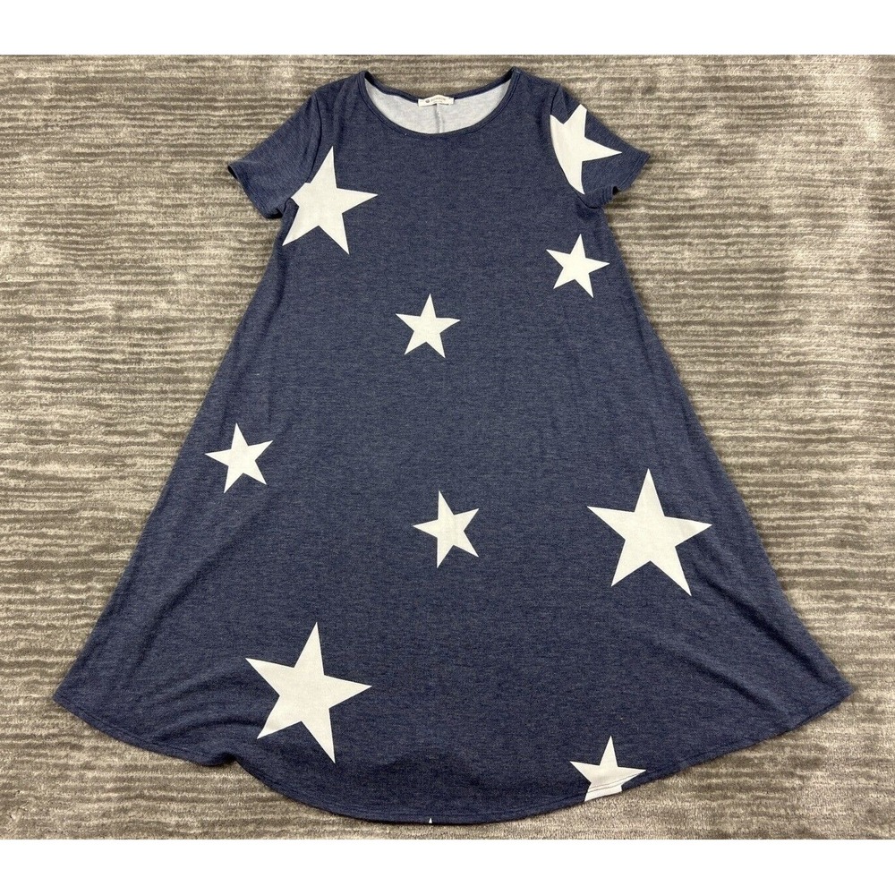 BOMBOM T-Shirt Dress Womens Small Navy Blue Star‎ Print Swing A-Line DA1258